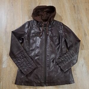 Tanming Coffee Brown Faux Leather Hooded Jacket Pockets Women's Size Medium